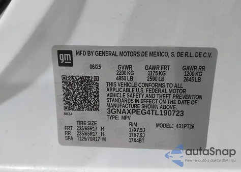 2026 Chevrolet Equinox Awd Lt z USA, uszkodzony, nr VIN 3GNAXPEG4TL190723